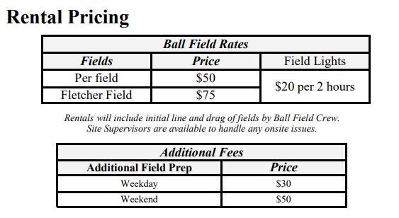 Field Rental Fee Chart